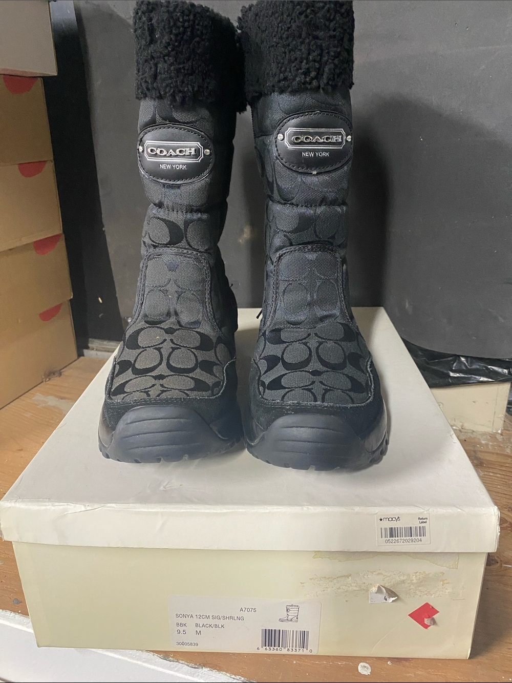 Coach Women’s Black Signature Winter Boots with Shearling Cuff